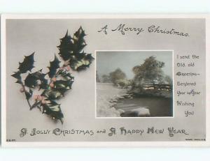 circa 1910 tinted rppc CHRISTMAS & NEW YEAR - FROZEN RIVER SCENE o2650
