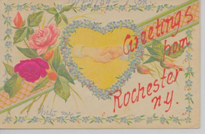 Rochester New York Greetings From shaking hands silk roses antique pc Z22018