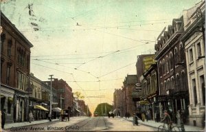 Postcard ON Windsor Ouellette Avenue Shops Streetcar Street View 1911 M67