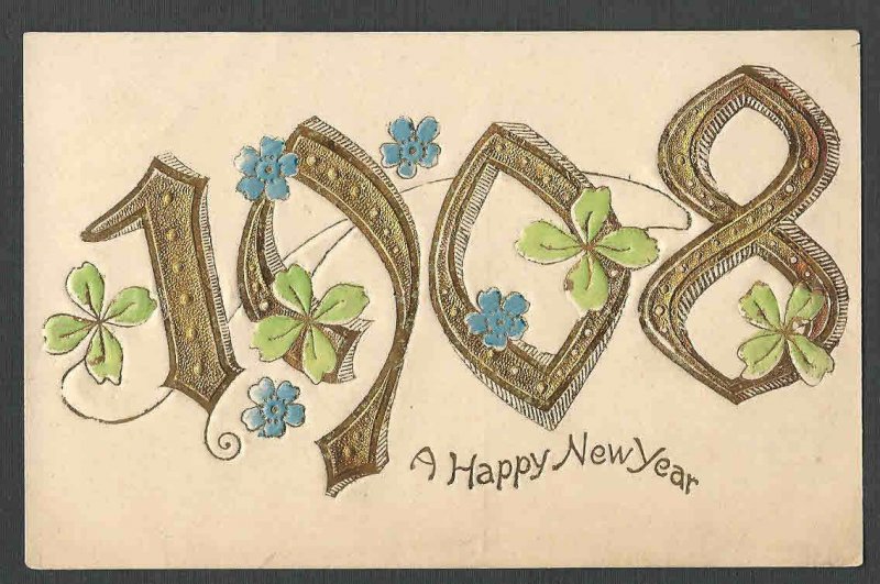 Ca 1908 PPC* VINTAGE HAPPY NEW YEAR EMBOSSED IN GOLD BLUE & GREEN MINT