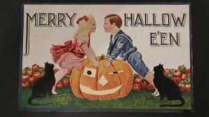 1909 Kids with Pumpkin Merry Halloween Postcard Philadelphia, PA to Easton, PA.