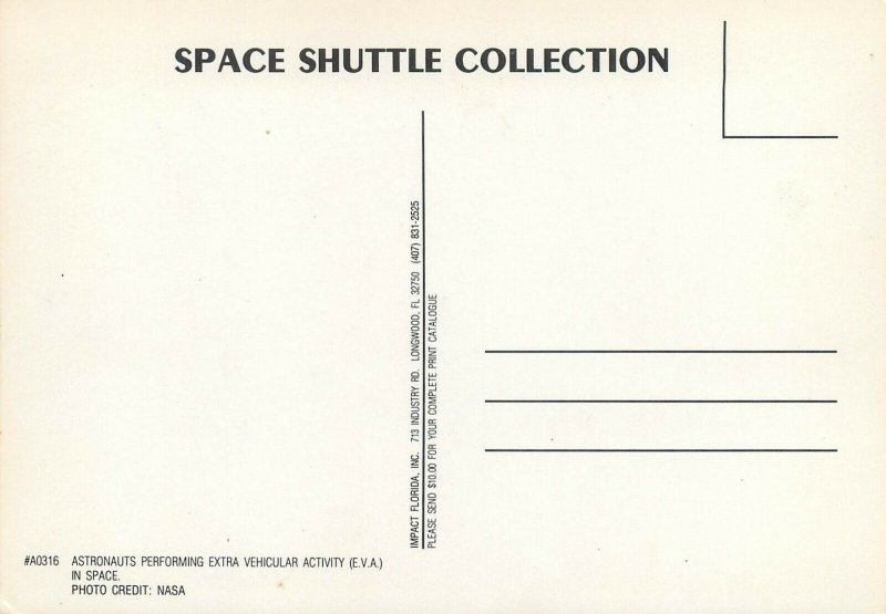 Astronauts performing extra vehicular activity in space postcard shuttle