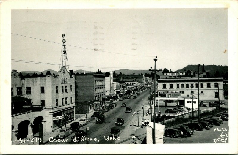 1948 Postcard RPPC S Higgens Ave Bird's Eye Coeur D'Alene ID Idaho Wilma Theater