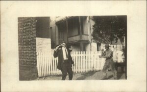 Bizarre Unusual Men Play Guns Pointing Pistol at Own Head Real Photo Postcard