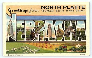 Greetings From NORTH PLATTE, NE Nebraska ~ Large Letter Linen c1930s  Postcard