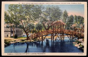 Vintage Postcard 1937 Boat House & Rustic Bridge, Mineral Place Park, Pueblo, CO