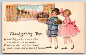 Thanksgiving~Children w/Fruit Bowl & Plum Pudding~Glitter~c1910 Vintage Postcard