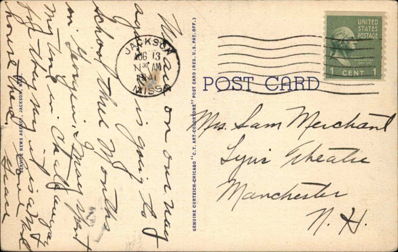 JACKSON MS Capitol Street at Night Old LINEN Postcard