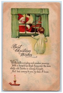 1915 Christmas Wishes Santa Claus And Reindeer In Window Little Girl Postcard