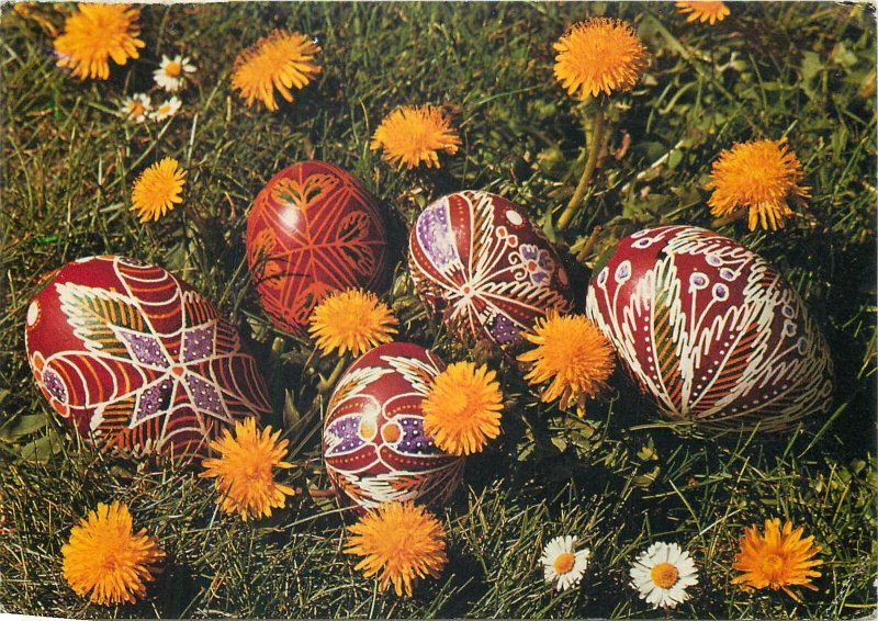 Postcard Holidays Easter greetings Hungary flowers penciled eggs nature art