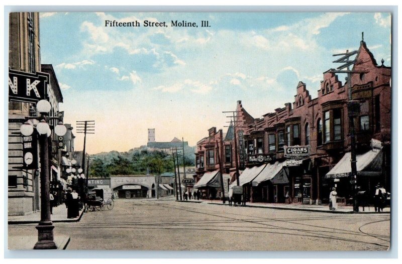 c1930's Fifteenth Street View Cigars Storefront Moline Illinois IL Postcard