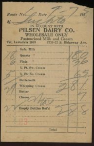 1925 CHICAGO IL PILSEN DAIRY CO. RIDGEWAY AVE WHOLESALE ONLY INVOICE 35-20