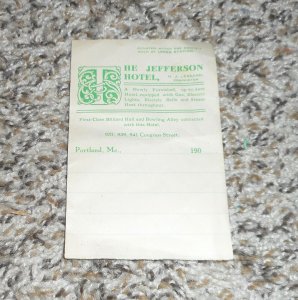 Antique Jefferson Hotel Portland ME Maine Advertising Stationary Paper