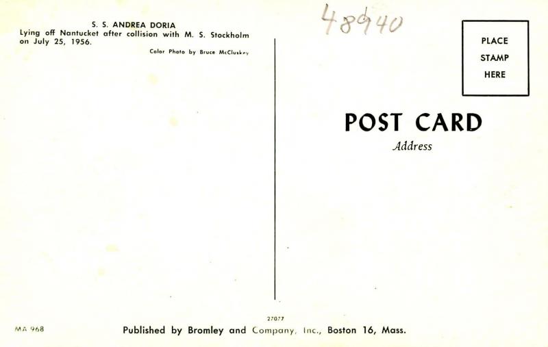 MA - Nantucket. Italian Line SS Andrea Doria sinking July 25,1956