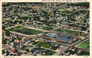 VINTAGE POSTCARD AERIAL VIEW SOUTH SIDE HIGH SCHOOL & STADIUM FORT WAYNE INDIANA