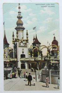 VINTAGE POSTCARD - RESTAURANT LUNA PARK CONEY ISLAND BROOKLYN NY street scene