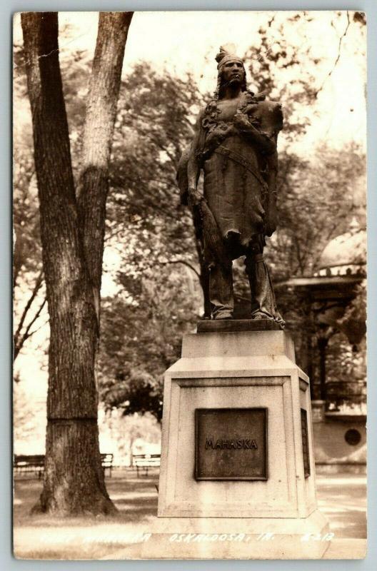 Oskaloosa Iowa~Indian Chief Mahaska Monument in Park~Band Stand~1945 RPPC 