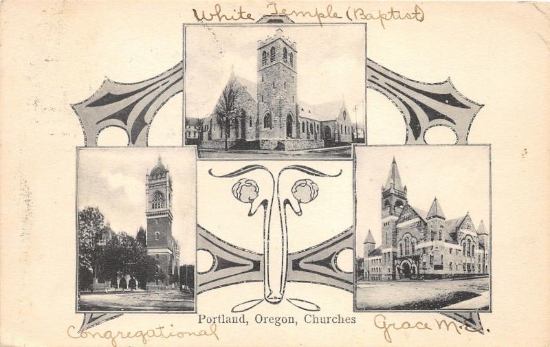 Portland Oregon~White Temple Baptist-Congregational-Grace ME Churches~1909 B&W