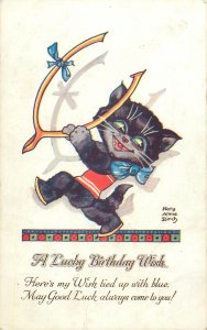 Animals Post card humanized cat illustration Lucky birthday wish