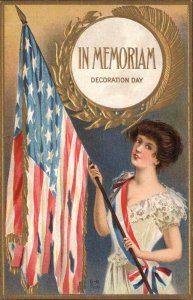 Decoration Day Beautiful Woman & American Flag D-6 c1910 Postcard