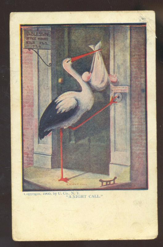 A NIGHT CALL STORK BABY VINTAGE COMIC POSTCARD LEAVENWORTH KANSAS