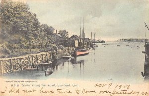 Stamford Connecticut scene along the wharf boats antique pc ZE686084