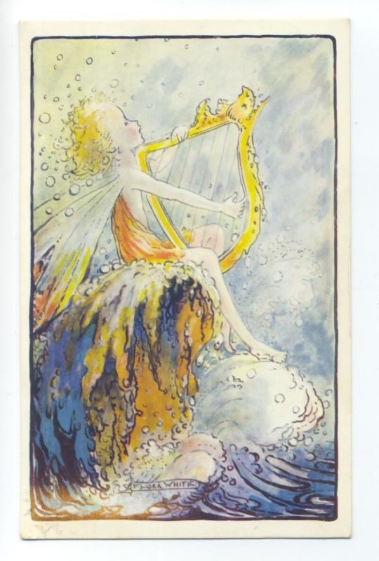 ch0070 - Fairy plays a harp on a wave - artist Flora White - modern postcard