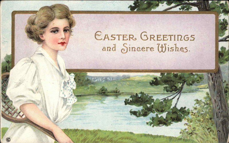 Beautiful Woman with Tennis Racket Stecher Easter Ser 306E Vintage Postcard