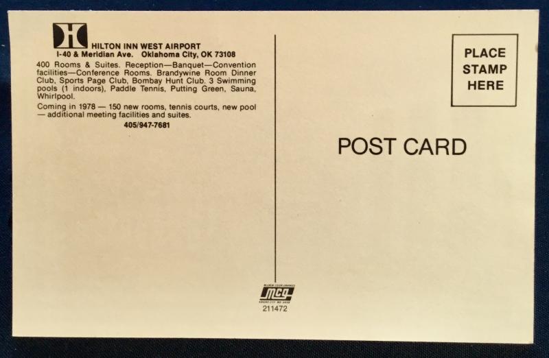 Postcard Unused Hilton Inn West Airport Hotel Oklahoma City OK LB