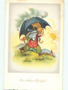 foreign 1959 Easter signed HUMANIZED CLOTHED BUNNY RABBIT WITH UMBRELLA AC6778