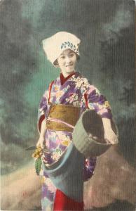 Beautiful Bright Hand-Colored Postcard Smiling Japanese Woman with Basket c1910