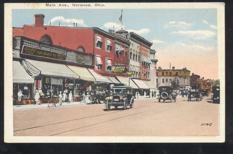 NORWOOD OHIO DOWNTOWN MAIN STREET SCENE STORES OLD CARS VINTAGE POSTCARD