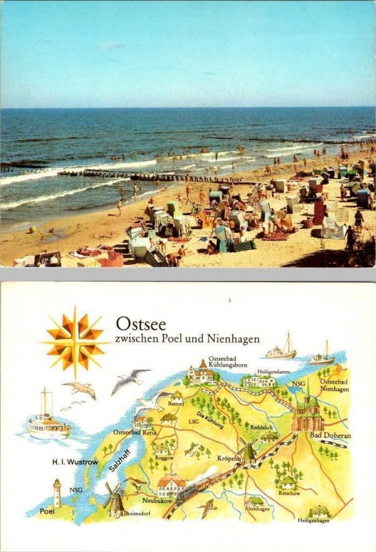 2~4X6 Postcards Germany  BALTIC SEA  Beach Scene~Sunbathers~Pier & MAP CARD