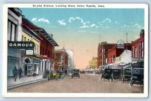 Cedar Rapids Iowa Postcard Second Avenue Looking West Classic Cars Building 1920