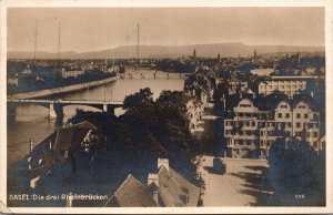 VINTAGE POSTCARD BASEL SWITZERLAND REAL PHOTO RPPC-3 BRIDGES OVER THE RHINE 1928