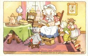 Dressed Cats, Mother reads Stories (1950s) Artist Signed LvN