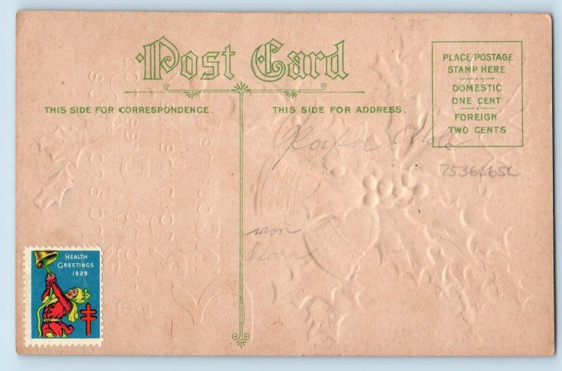 Christmas Postcard Greeting Ringing Bells Holly Berries Embossed c1910's Antique