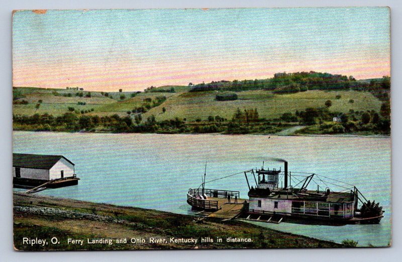 J91/ Ripley Ohio Postcard c1910 Ferry Landing Steamboat Kentucky Shore 347