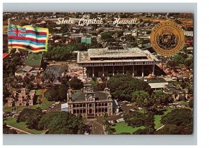 Aerial View Hawaii State Capitol Iolani Palace  Flag & State Seal Postcard