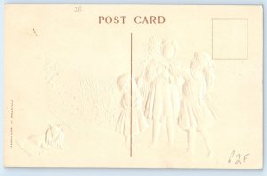 c1910's Birthday Children Picking Flowers Dog Muilick Embossed Antique Postcard