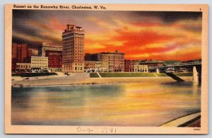 Sunset On Kanawha River Charleston West Virginia Building Lake View Postcard