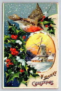 1909 Christmas Postcard Robin Bird Holly Windmill Saxony Embossed Posted