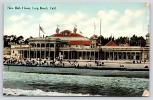 Long Beach California~New Bath House~Bathers on Beach~c1910 Postcard