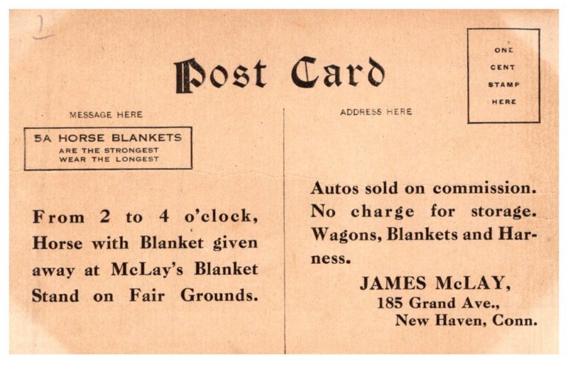 5A  Fashion   Square  Horse  Blanket , Connecticut New Haven McLay's