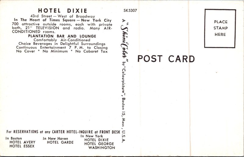 Hotel Dixie New York Time Square Plantation Bar and lounge no Cabaret Postcard