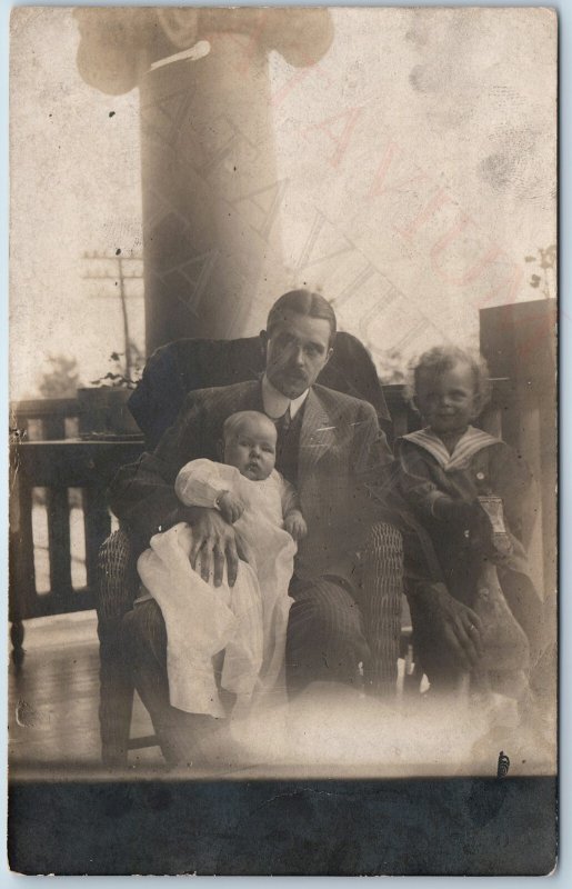 c1910s Adorable RPPC Father & Children on House Porch Mansion Ionic Columns A214