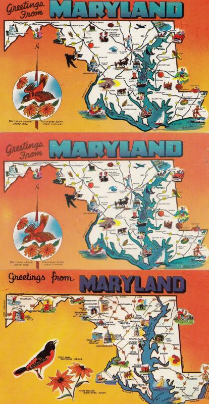 Maryland Greetings From 3x Map Postcard s