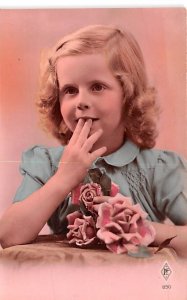 Girl with Flowers real photo Unused 