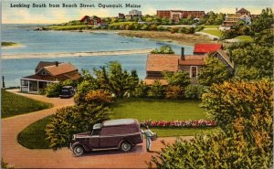 Postcard ME Ogunquit Looking South from Beach Street LINEN Old Car Van 1949 H16