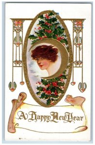 New Year Postcard Pretty Woman Crescent Moon Holly Berries Embossed c1910's